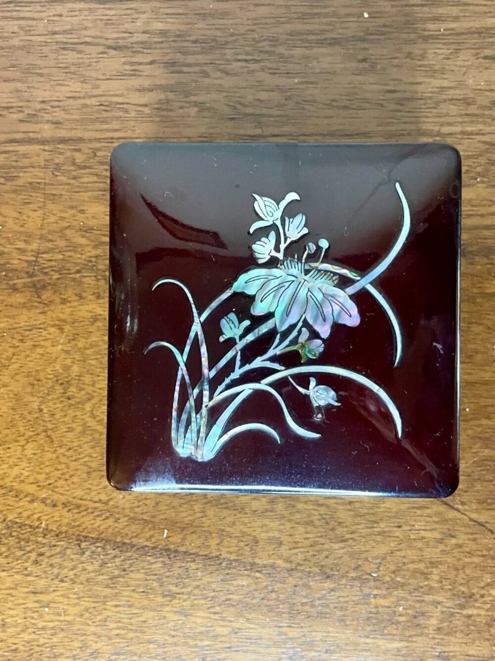 Vintage Korean Burgundy Lacquer Flower Mother of Pearl Inlay Jewelry Trinket Box